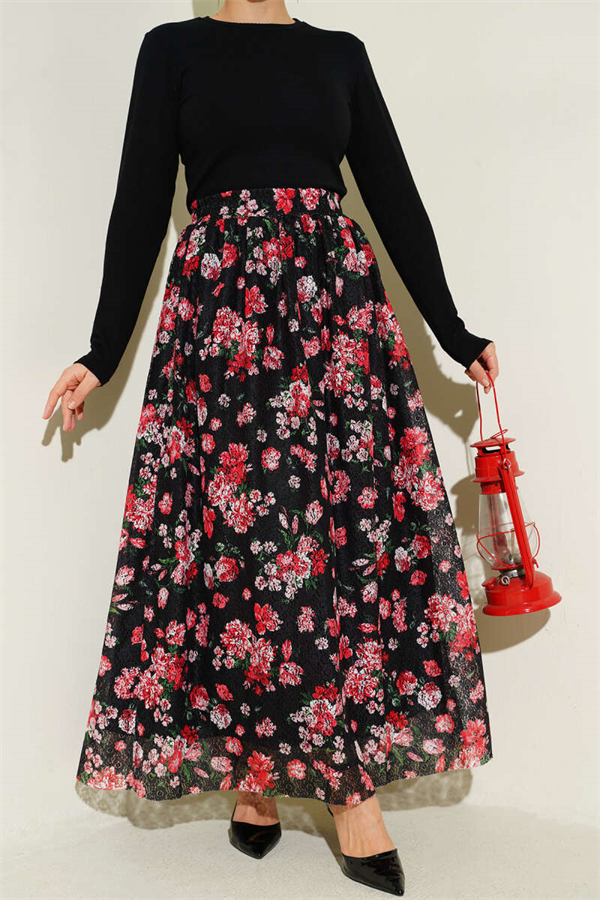 Floral Print Lace Skirt Black Red