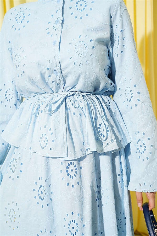 Floral Embroidered Ruffled Skirt 2 Piece Set, Blue