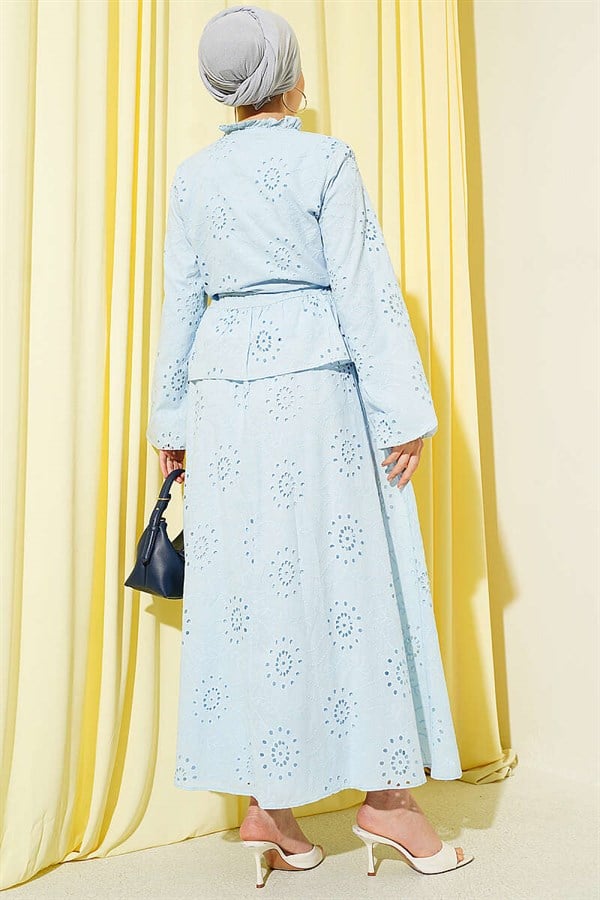 Floral Embroidered Ruffled Skirt 2 Piece Set, Blue
