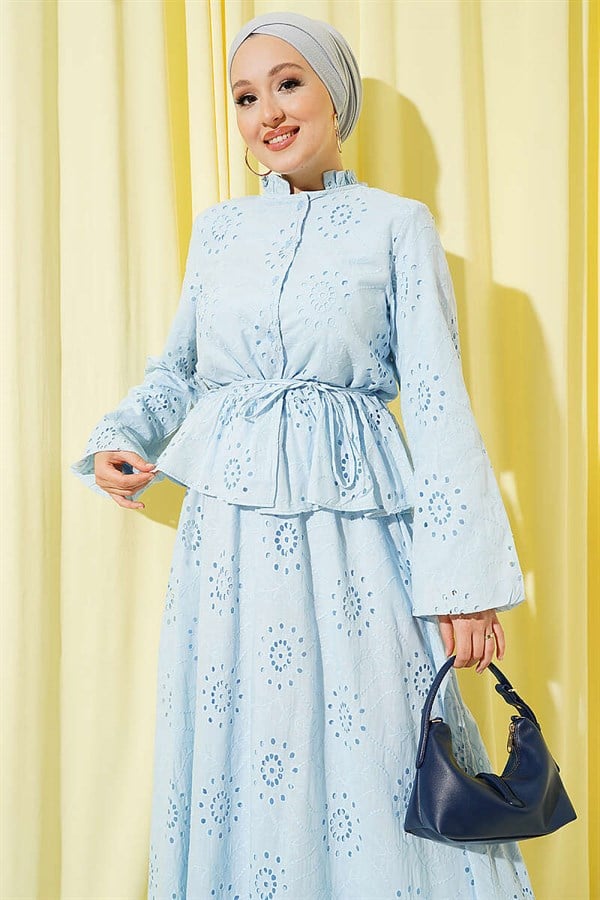 Floral Embroidered Ruffled Skirt 2 Piece Set, Blue