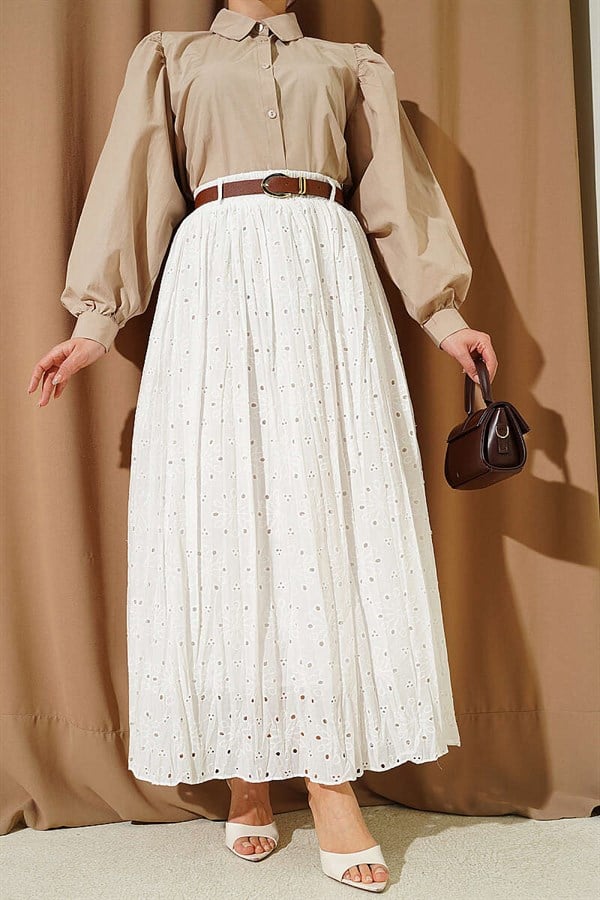 Floral Embroidered Belted Skirt, Ecru