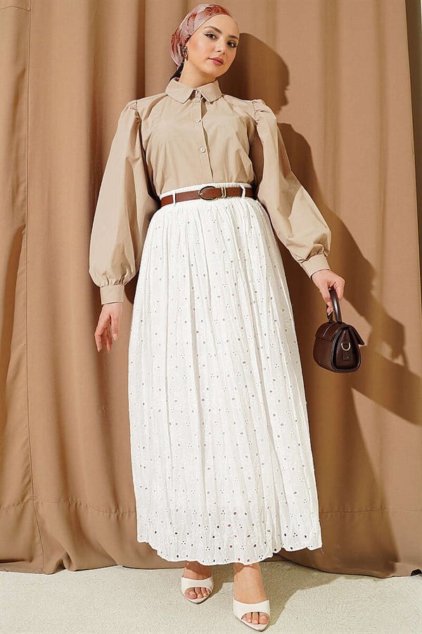 Floral Embroidered Belted Skirt, Ecru