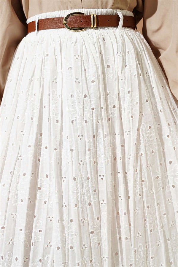 Floral Embroidered Belted Skirt, Ecru