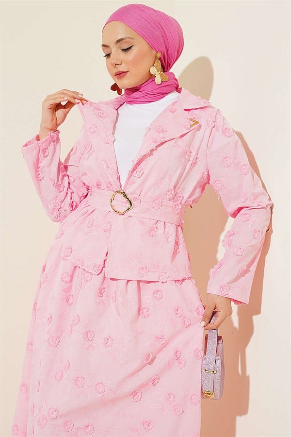 2 Piece Set with Floral Embroidered Belted Skirt, Pink