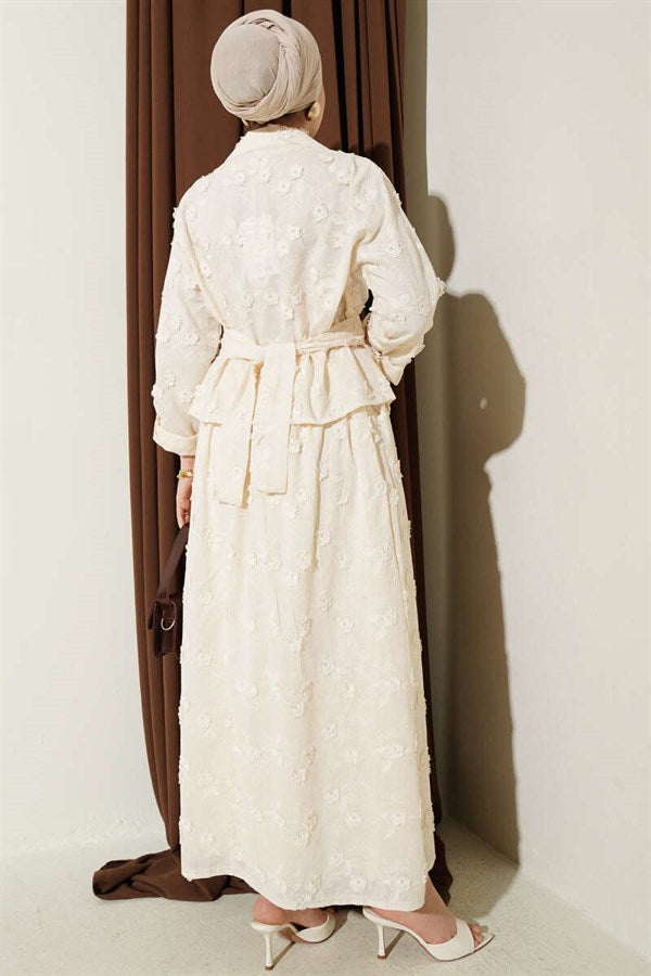 2 Piece Set with Floral Embroidered Belted Skirt, Beige