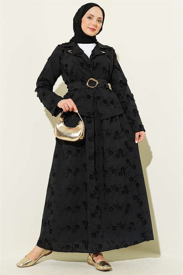 2 Piece Set with Floral Embroidered Belted Skirt, Black