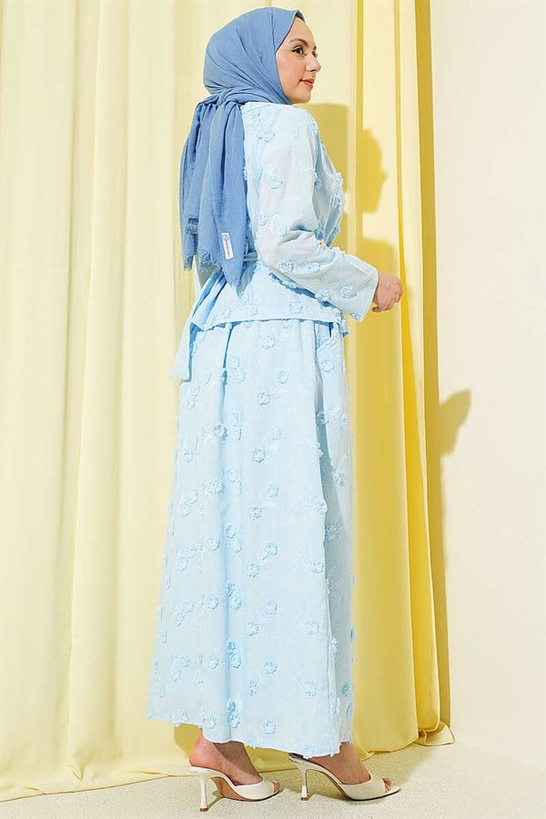 2 Piece Set with Floral Embroidered Belted Skirt, Baby Blue