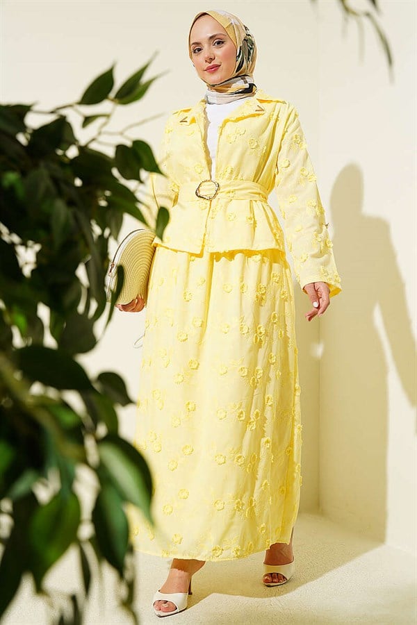 2 Piece Set with Floral Embroidered Belted Skirt, Yellow