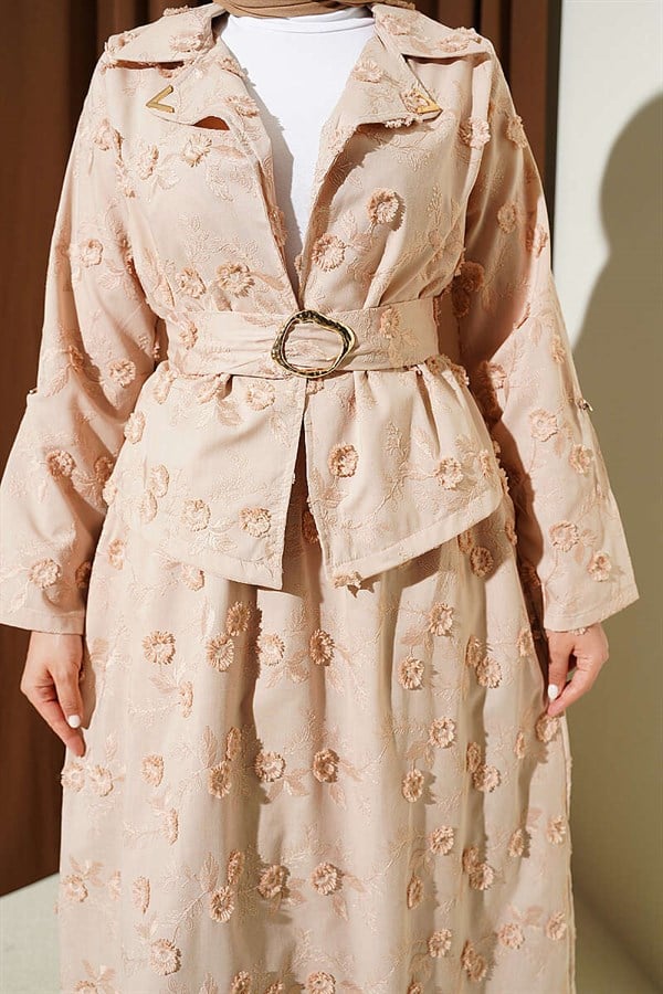 2 Piece Set with Floral Embroidered Belted Skirt and Latte