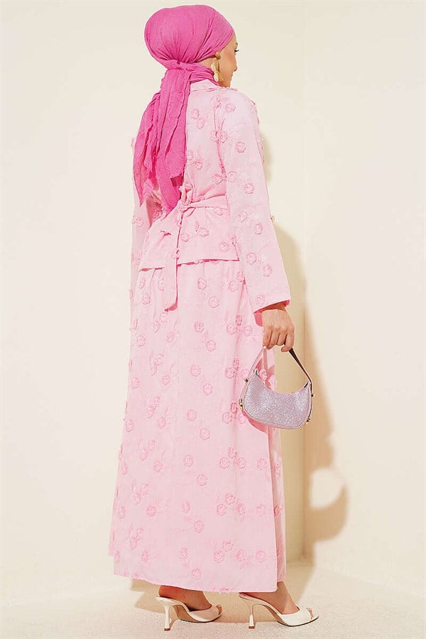 2 Piece Set with Floral Embroidered Belted Skirt, Pink