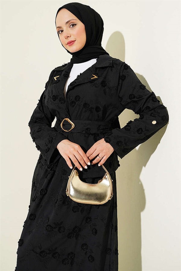 2 Piece Set with Floral Embroidered Belted Skirt, Black