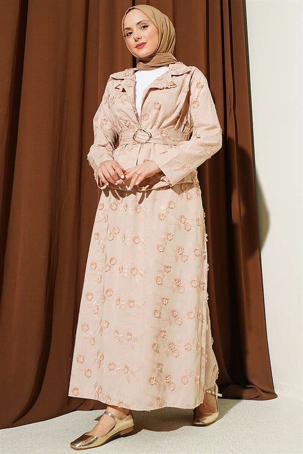 2 Piece Set with Floral Embroidered Belted Skirt and Latte