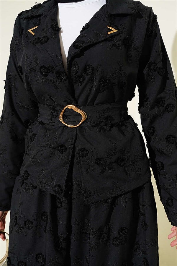 2 Piece Set with Floral Embroidered Belted Skirt, Black