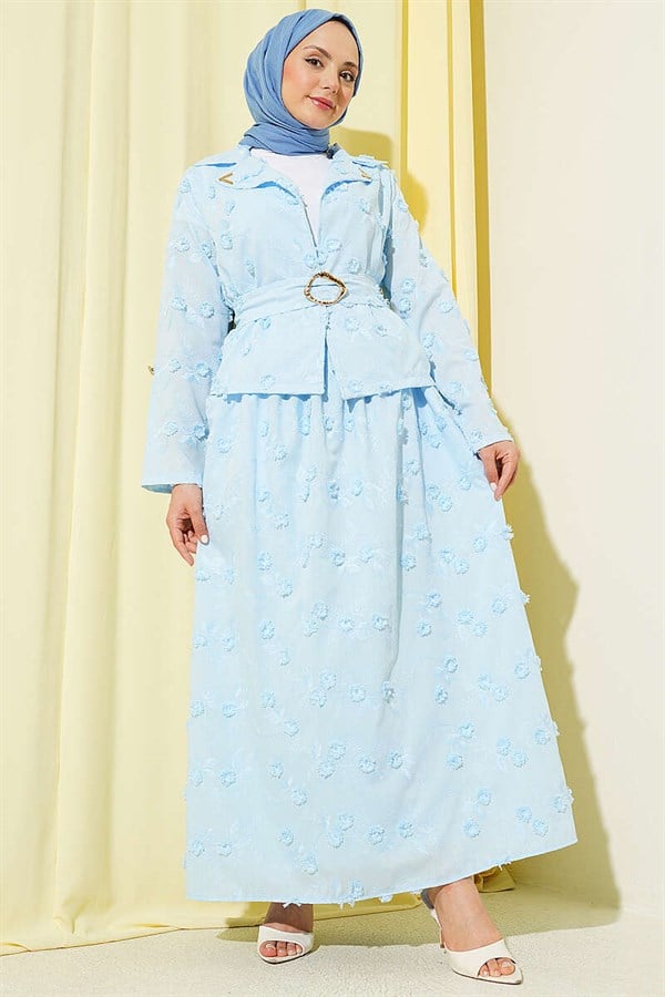 2 Piece Set with Floral Embroidered Belted Skirt, Baby Blue
