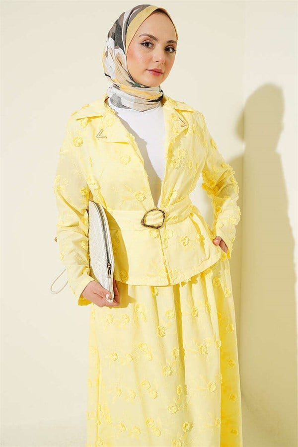 2 Piece Set with Floral Embroidered Belted Skirt, Yellow