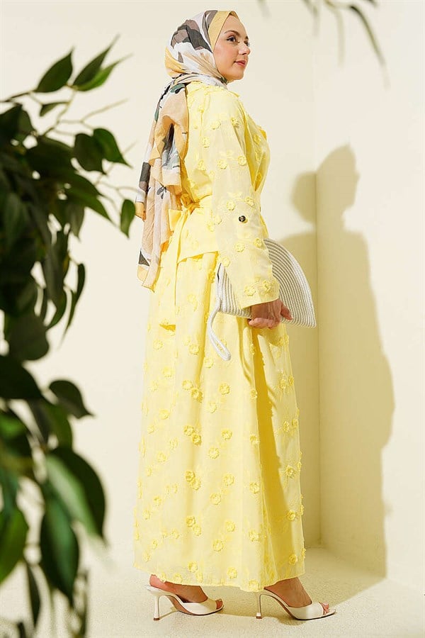 2 Piece Set with Floral Embroidered Belted Skirt, Yellow