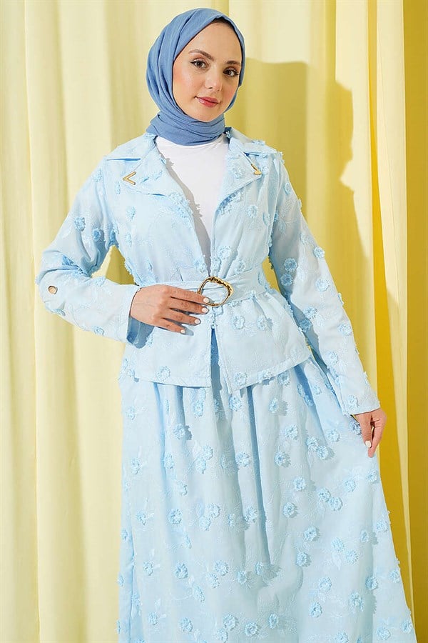 2 Piece Set with Floral Embroidered Belted Skirt, Baby Blue