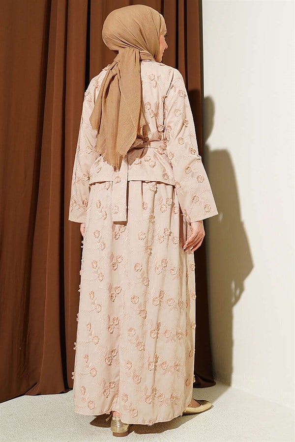 2 Piece Set with Floral Embroidered Belted Skirt and Latte