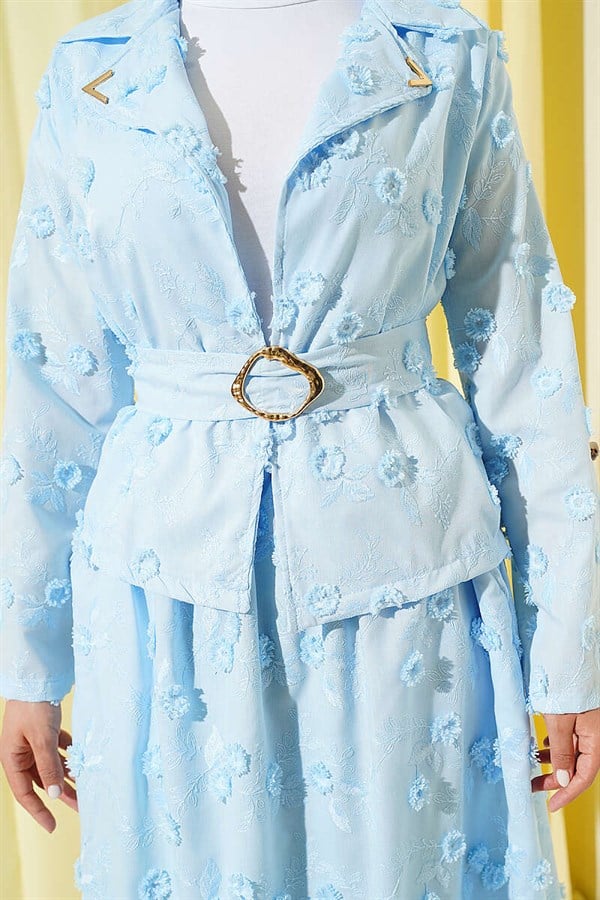 2 Piece Set with Floral Embroidered Belted Skirt, Baby Blue