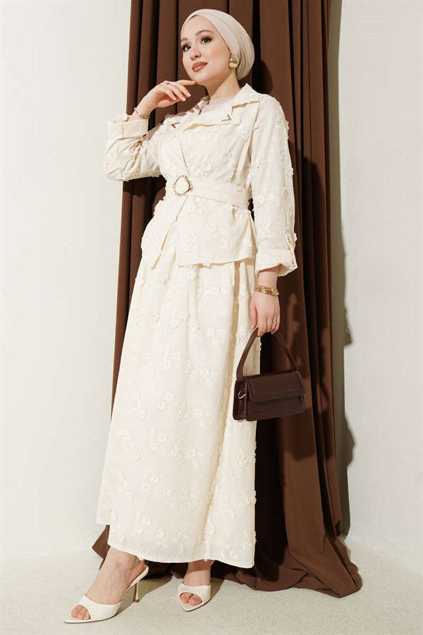 2 Piece Set with Floral Embroidered Belted Skirt, Beige