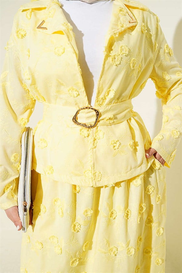 2 Piece Set with Floral Embroidered Belted Skirt, Yellow