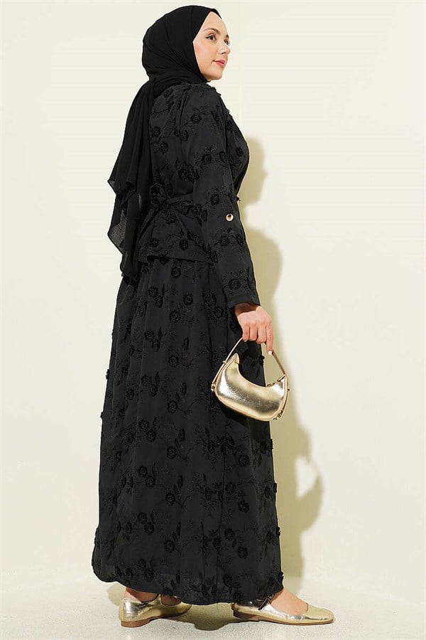 2 Piece Set with Floral Embroidered Belted Skirt, Black