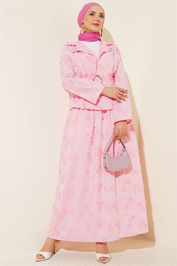 2 Piece Set with Floral Embroidered Belted Skirt, Pink