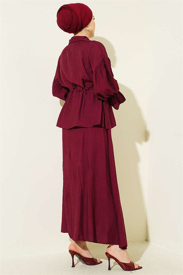 Burgundy Skirt 2 Piece Set with Floral Brooch and Waist Tunnel