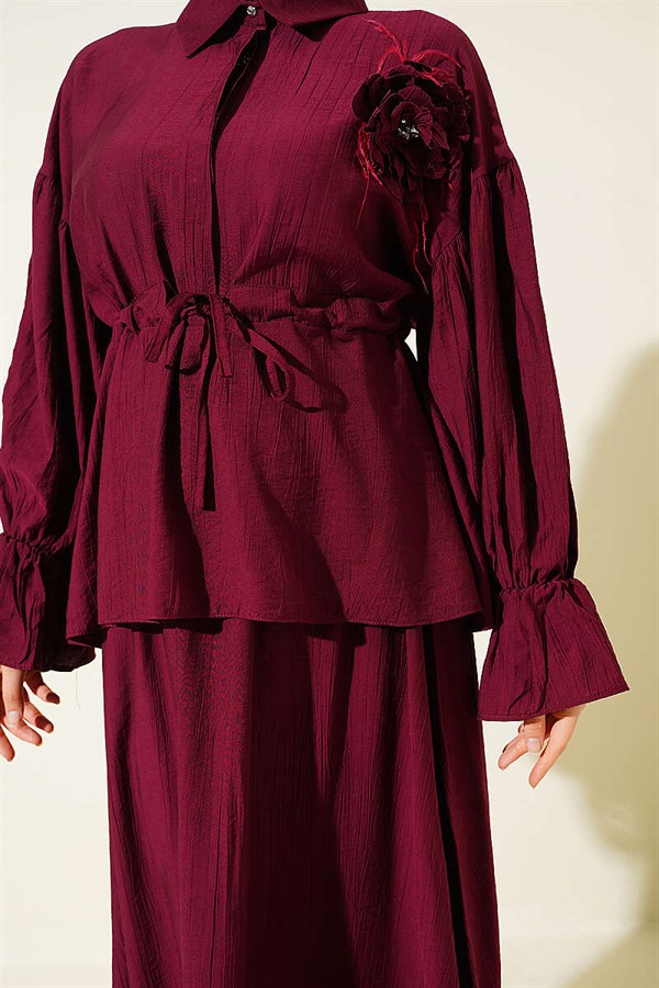 Burgundy Skirt 2 Piece Set with Floral Brooch and Waist Tunnel