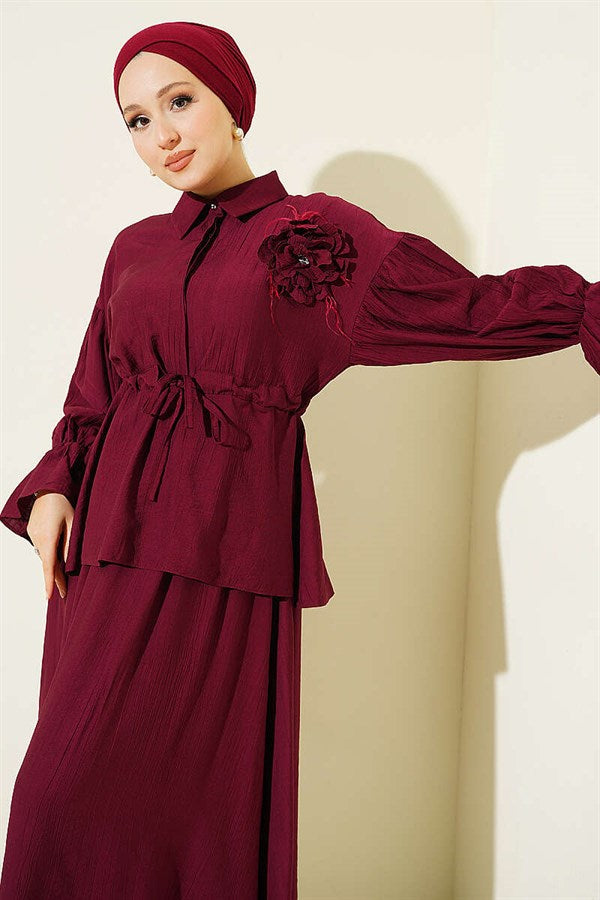 Burgundy Skirt 2 Piece Set with Floral Brooch and Waist Tunnel
