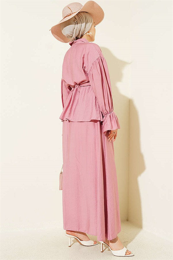 Rose Pink Skirt 2 Piece Set with Floral Brooch and Waistband