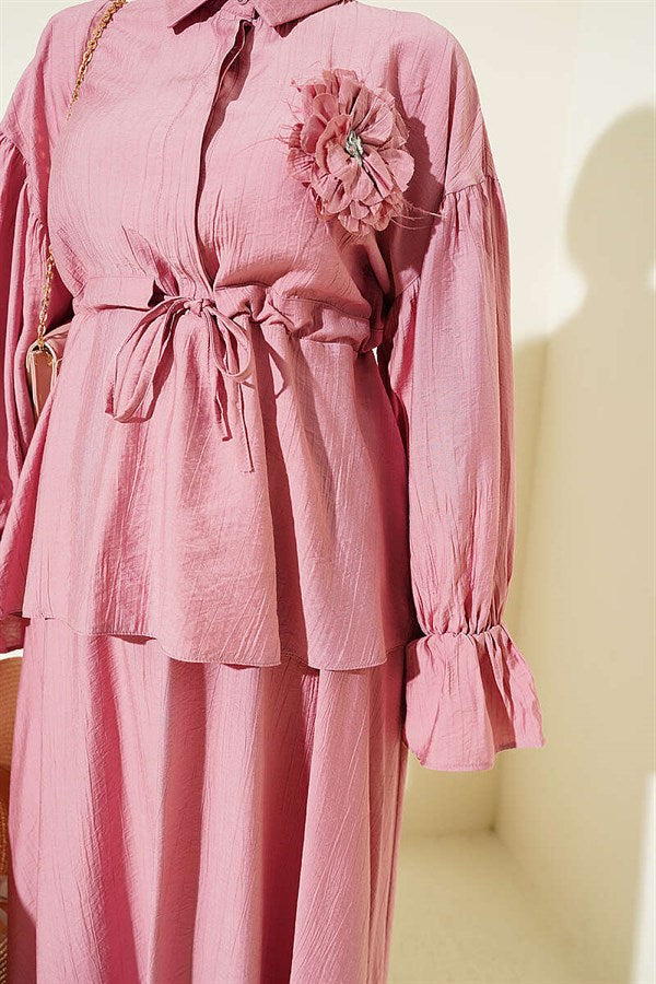 Rose Pink Skirt 2 Piece Set with Floral Brooch and Waistband