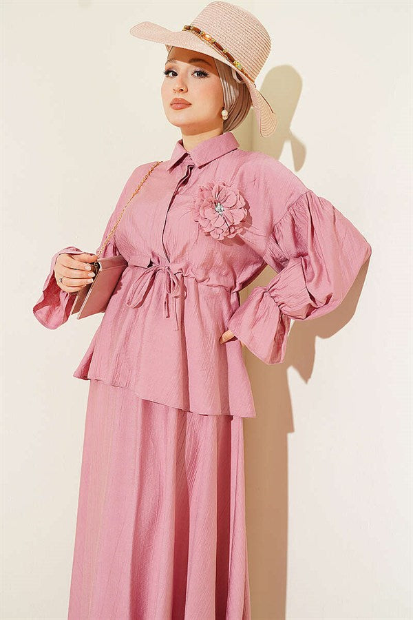 Rose Pink Skirt 2 Piece Set with Floral Brooch and Waistband