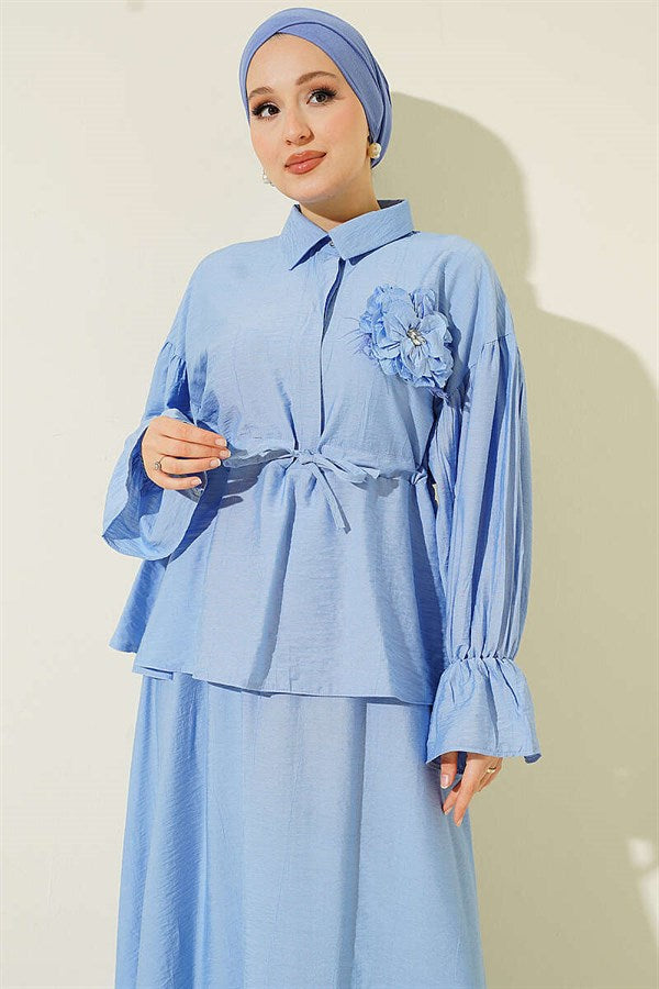 Blue Skirt 2 Piece Set with Floral Brooch and Waistband