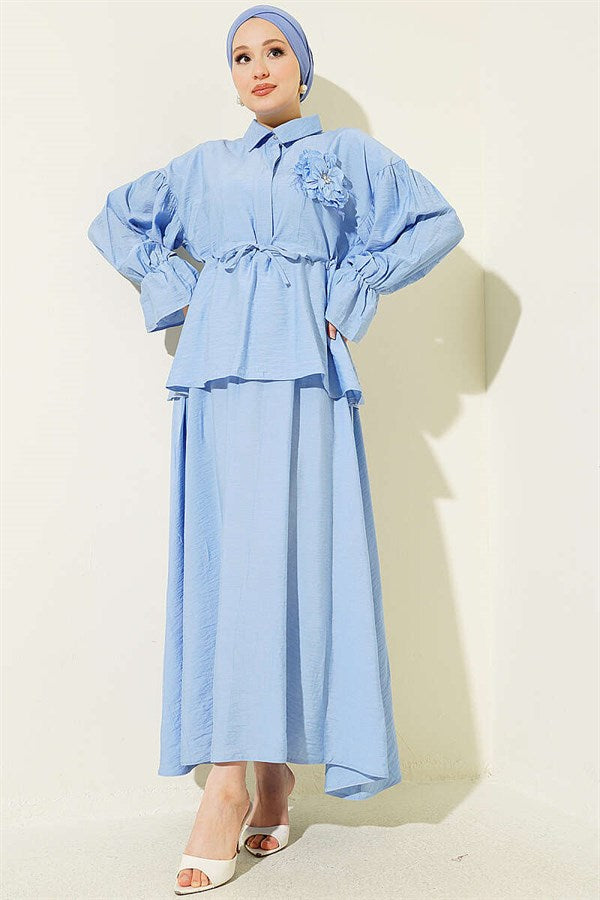 Blue Skirt 2 Piece Set with Floral Brooch and Waistband