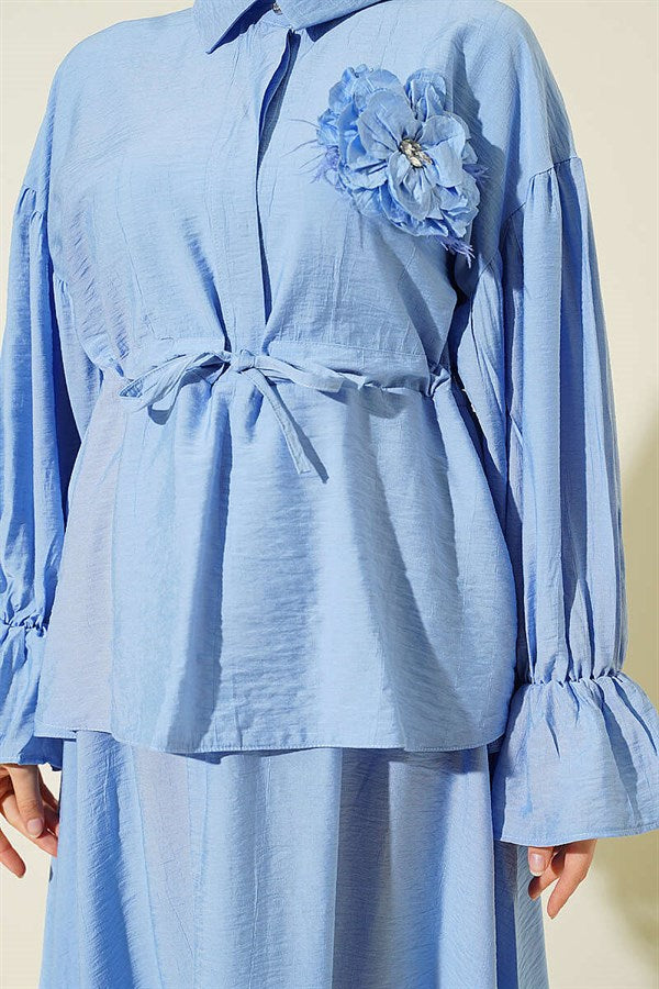 Blue Skirt 2 Piece Set with Floral Brooch and Waistband