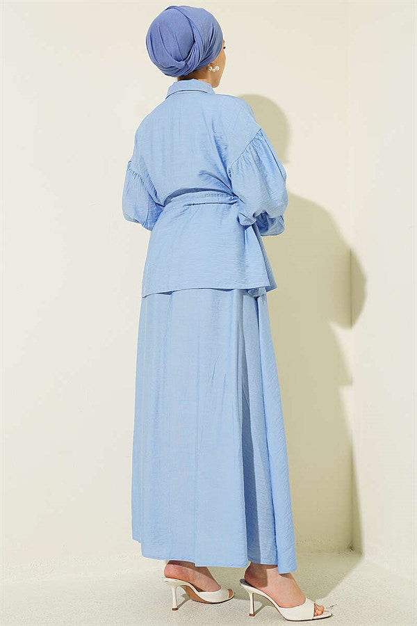 Blue Skirt 2 Piece Set with Floral Brooch and Waistband