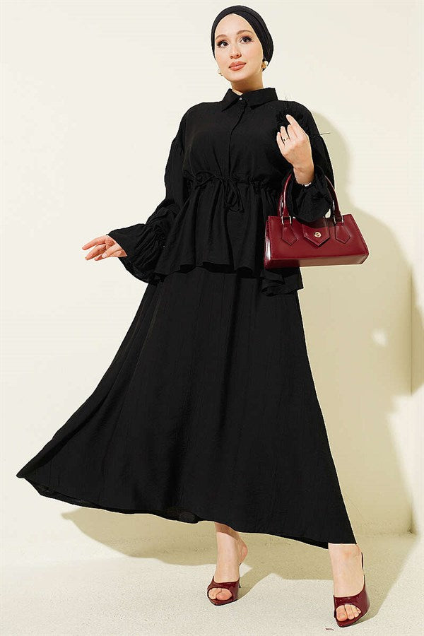 Black Skirt 2 Piece Set with Floral Brooch and Waistband