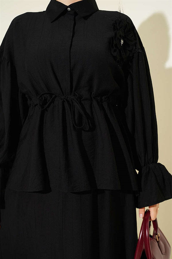 Black Skirt 2 Piece Set with Floral Brooch and Waistband