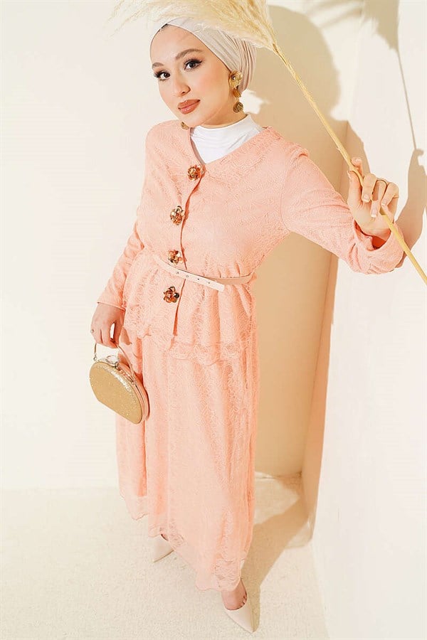2 Piece Set with Floral Snap Button and Lace Skirt, Powder Pink