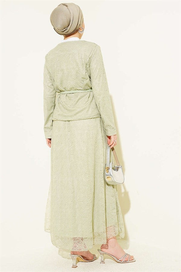 Floral Snap Button Lace Skirt 2 Piece Set in Light Green