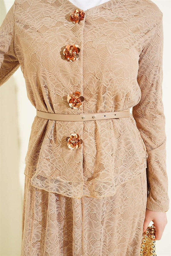 Floral Snap Button Lace Skirt 2 Piece Set, Beige