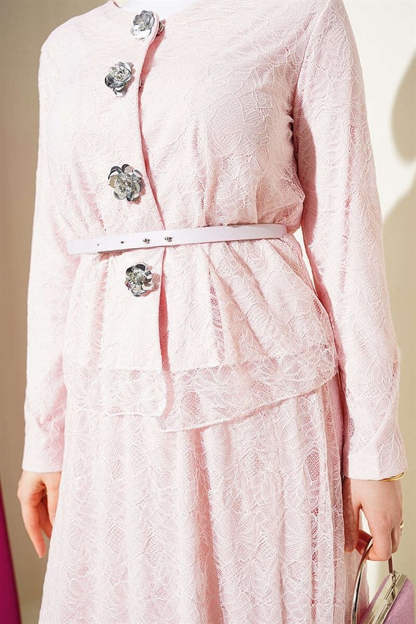 Pink 2 Piece Set with Floral Snap Button and Lace Skirt