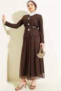 2 Piece Set with Floral Snap Button Lace Skirt, Coffee