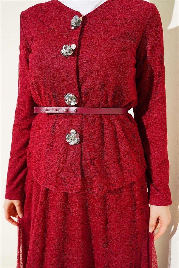 2 Piece Set with Floral Snap Button Lace Skirt, Burgundy