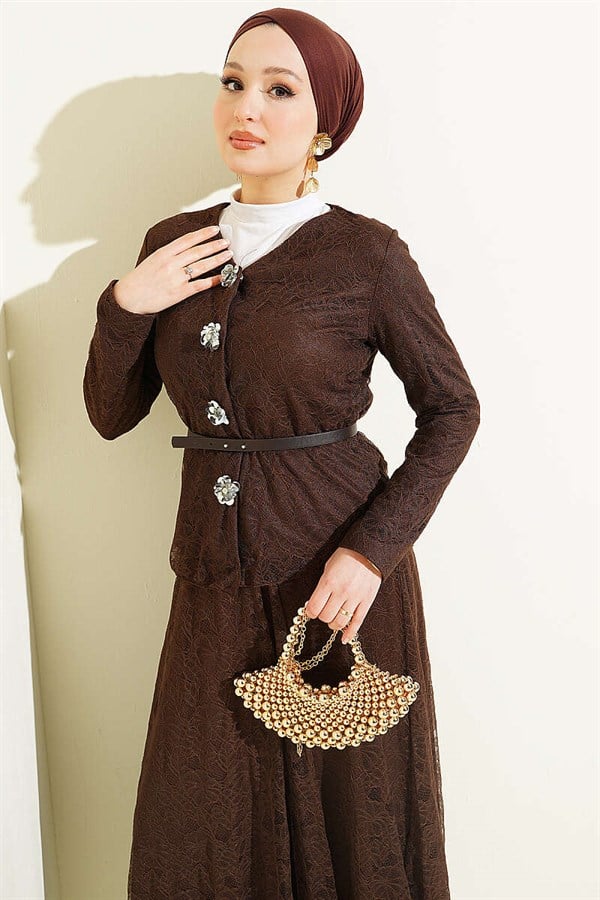 2 Piece Set with Floral Snap Button Lace Skirt, Coffee