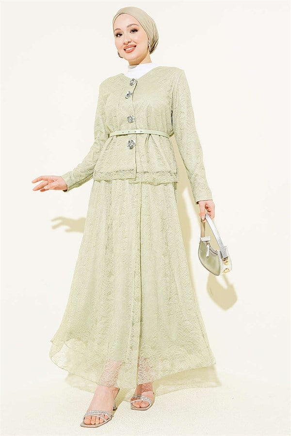 Floral Snap Button Lace Skirt 2 Piece Set in Light Green