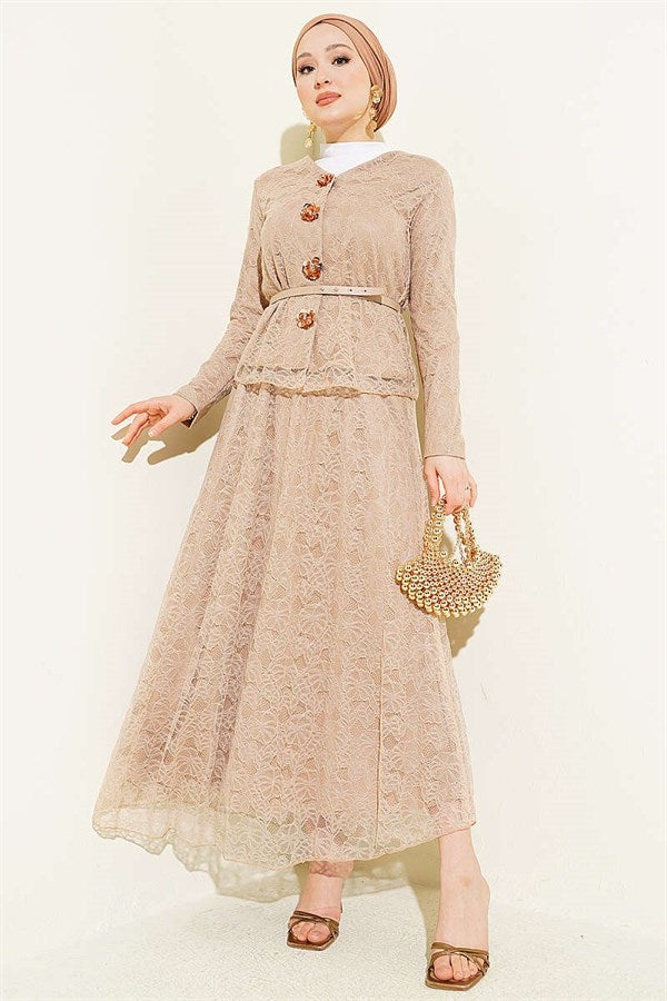 Floral Snap Button Lace Skirt 2 Piece Set, Beige
