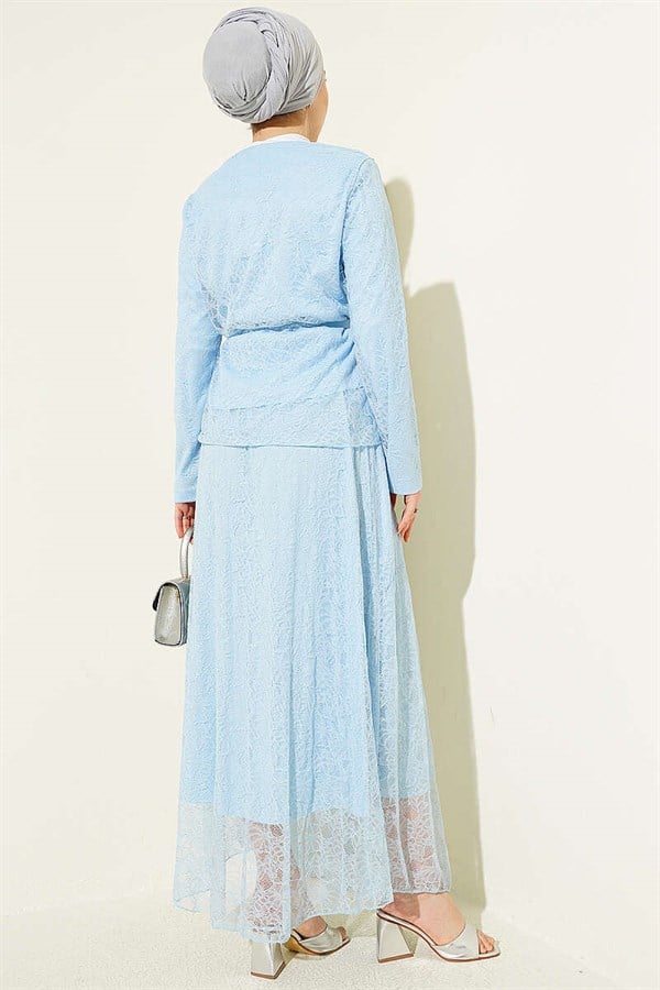 2 Piece Set with Floral Snap Button Lace Skirt, Baby Blue