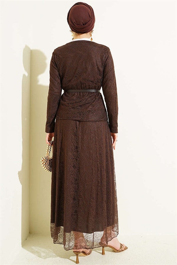2 Piece Set with Floral Snap Button Lace Skirt, Coffee